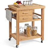 PETSITE Bamboo Kitchen Island Cart, Butcher Block Table on Wheels with Drawers, Shelves, Towel Rack PETSITE