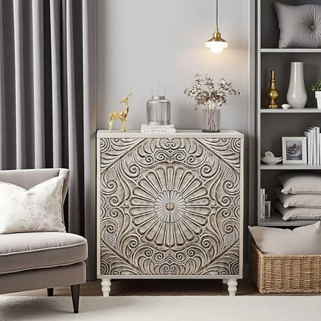 COSIEST 32" W Sideboard Buffet Cabinet with Storage, Accent Cabinet with 2 Push-to-Open Magnetic Doors, Vintage MDF Buffet Table for Living Room, Kitchen, Hallway (Gray,Flower Pattern) COSIEST