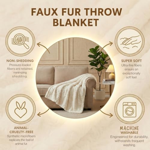 DaDa Bedding Luxury White Roses Fluffy and Cuddly Faux Fur with Sherpa Backside Fleece Cloud Throw Blanket - Super Soft Warm Plush Luxe Solid Toss for Sofa, Couch or Bed - 63" x 90" DaDa Bedding