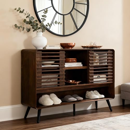 T4TREAM 46" Entryway Table, Mid Century Modern Console Table with Slatted Sliding Door, Adjustable Storage Shelf, Wood Sofa Table Behind Couch for Hallway, Living Room, Foyer, Dark Walnut T4TREAM