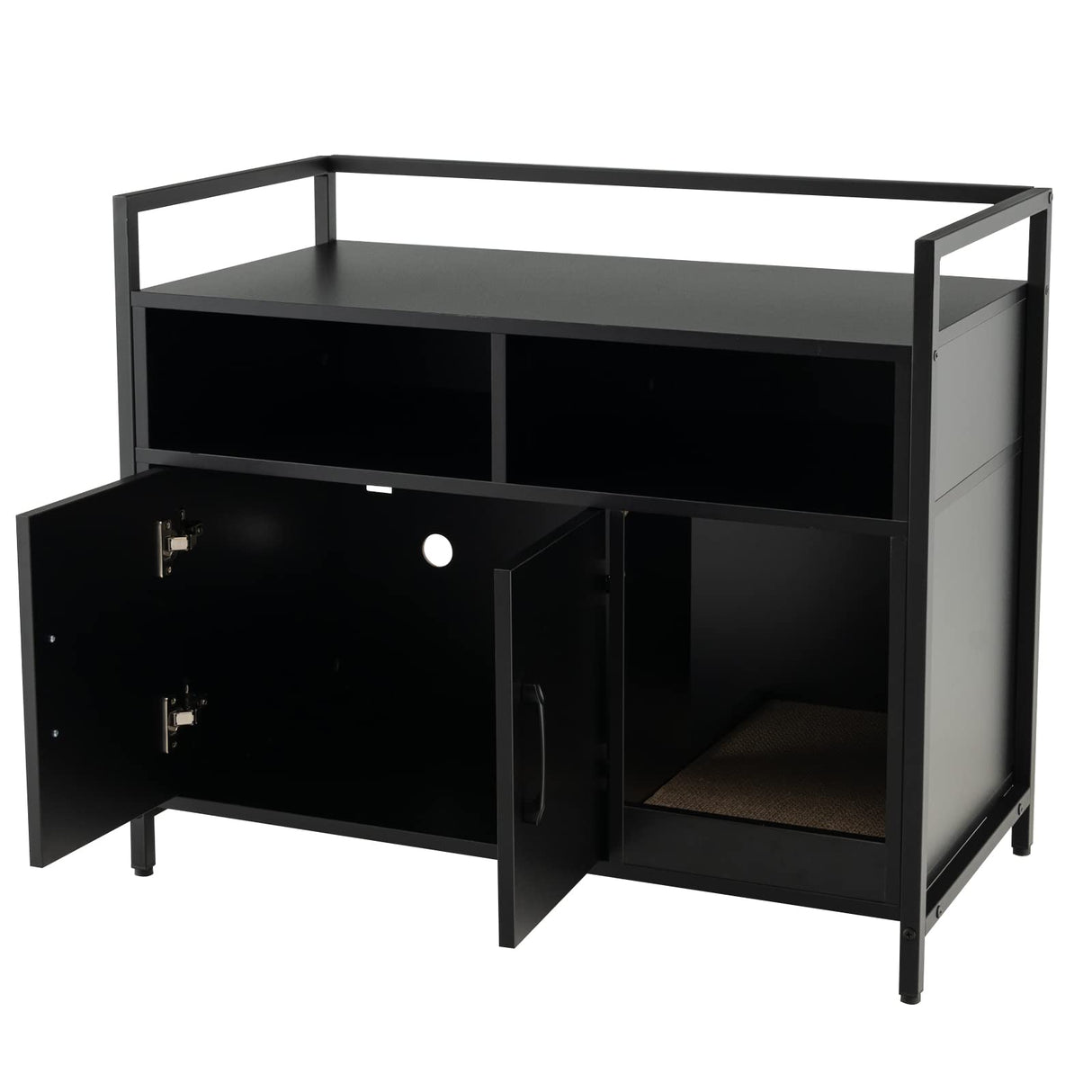 Giantex Cat Litter Box Enclosure - Cat Washroom Hidden Furniture with Front Entry, Cat Scratcher, 2-Door Storage Cabinet, 2 Compartments, Air Vents, Metal Frame, Wooden Pet Crate House (Black) Giantex