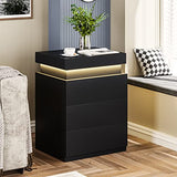 ADORNEVE Nightstand with Charging Station and LED Lights,Night Stand with Sliding Top,Bedside Table with Drawers,Modern End Side Table for Bedroom,Black ADORNEVE