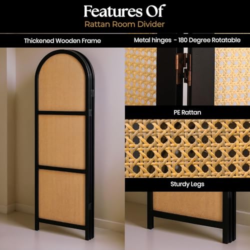 ELK & ELDER 3-Panel Room Divider | Folding Privacy Screen with Arched Dark Wood Frames and Light Woven Panels | Portable Divider for Home,Office, Living Room, Bedroom | 66" H x 56" W |Dark Wood/Beige ELK & ELDER