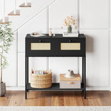 Giantex Rattan Console Table, 32" Boho Entryway Table with 2 Drawers, Metal Frame, Narrow Long Sofa Tables with Open Storage Shelf for Living Room, Hallway, Foyer, Entrance (Black) Giantex