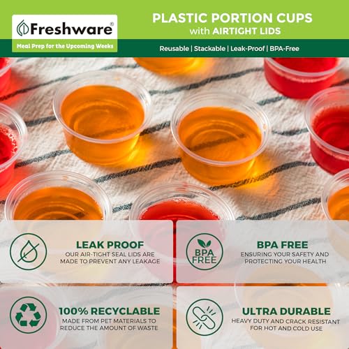 Freshware Plastic Portion Cups with Lids [2 Ounce, 100 Sets] Disposable Plastic Cups for Meal Prep, Salad Dressing, Jellos Shot Cups, Souffle Cups, Condiment and Dipping Sauce Cups Freshware