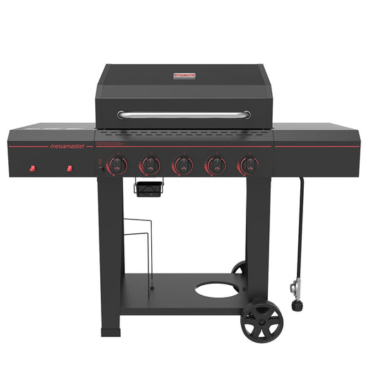 Megamaster 720-0982 5 Burner Propane Barbecue Gas Grill, Side Shelves with Hooks, for Outdoor Cooking, Patio, Garden Barbecue Grill, 50000 BTUs, Open Chart, Black