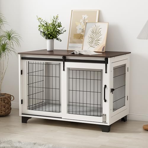 Piskyet Dog Crate Furniture Barn Door Dog Crate for Large Dogs Up to 60 lbs,Sliding Door Dog Crate Modern Decorative End Side Table Nightstand Piskyet
