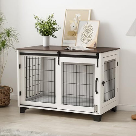 Piskyet Dog Crate Furniture Barn Door Dog Crate for Large Dogs Up to 60 lbs,Sliding Door Dog Crate Modern Decorative End Side Table Nightstand Piskyet