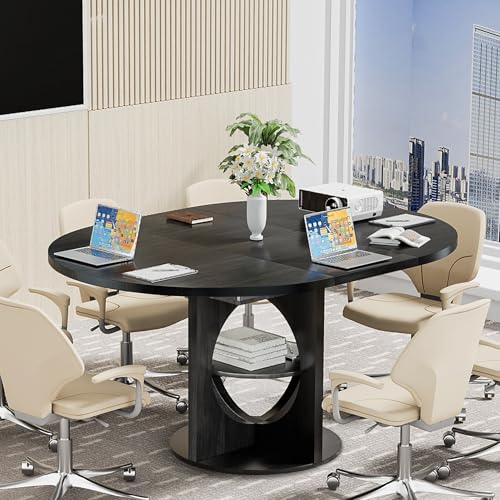 Black Extendable Round Conference Room Table for 4-6, 43-59 Inch Oval Meeting Room Table with Storage, Wooden Circle Desk with Leaf, Space Saving, for Office, Conference Room, Boardroom, Seminar Xyulmeo
