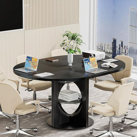 Black Extendable Round Conference Room Table for 4-6, 43-59 Inch Oval Meeting Room Table with Storage, Wooden Circle Desk with Leaf, Space Saving, for Office, Conference Room, Boardroom, Seminar Xyulmeo