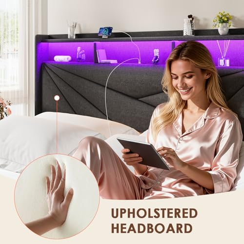 Driftalia King Size Bed Frame with 2-Tier Storage Headboard, Upholstered King Bed Frame with 2 Drawers, Charging Station and LED Lights, No Box Spring Needed, Easy Assembly - Dark Grey Driftalia