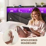 Driftalia King Size Bed Frame with 2-Tier Storage Headboard, Upholstered King Bed Frame with 2 Drawers, Charging Station and LED Lights, No Box Spring Needed, Easy Assembly - Dark Grey Driftalia
