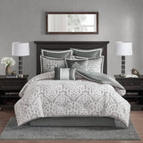 Madison Park Odette Cozy Comforter Set Jacquard Damask Medallion Design - Modern All Season, Down Alternative Bedding, Shams, Decorative Pillows, Queen(90 in x 90 in), Silver 8 Piece Madison Park