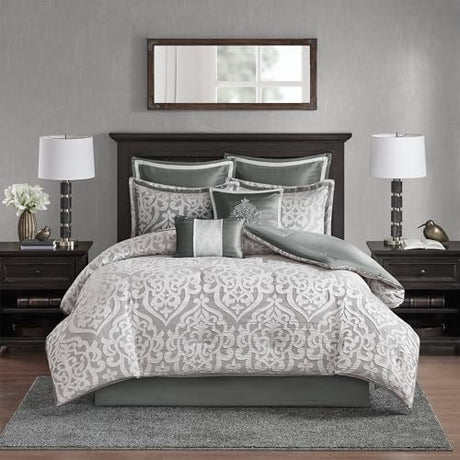 Madison Park Odette Cozy Comforter Set Jacquard Damask Medallion Design - Modern All Season, Down Alternative Bedding, Shams, Decorative Pillows, Queen(90 in x 90 in), Silver 8 Piece Madison Park