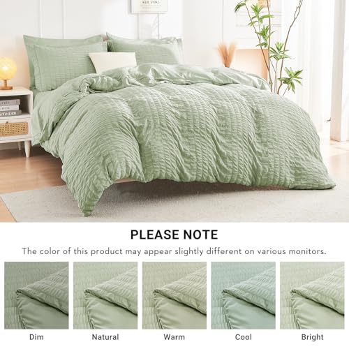 HYMOKEGE Light Green Queen Comforter Set Seersucker 7 Pieces, All Season Luxury Bed in a Bag for Bedroom, Bedding Set with Comforters, Sheets, Pillowcases & Shams HYMOKEGE