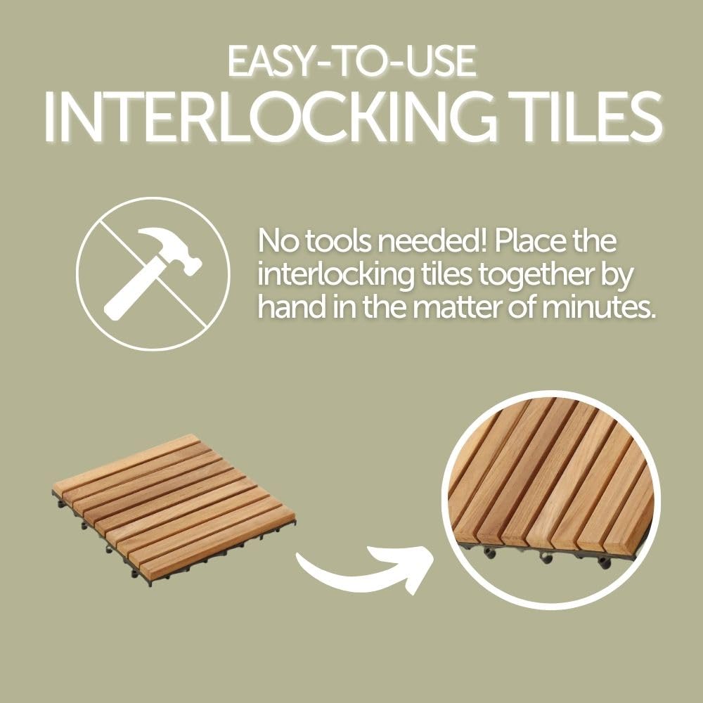 Nordic Style Teak Interlocking Tiles - Wooden Floor Tile Set for Indoor and Outdoor Use - Perfect for Sauna, Patio, Deck, Spa Floors - 10 Square Feet (12" x 12" - 9 Slat Design, Natural Finish)