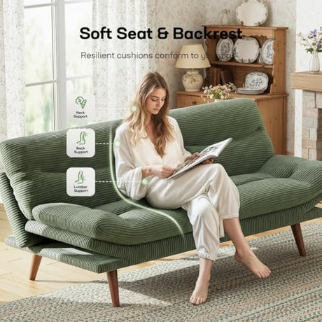 Marsail Futon Sofa Bed, 66” Futon Couch with Adjustable Backrest & Armrests, Convertible Small Sleeper Sofa Bed for Small Apartments, Study Room, Office, Corduroy Loveseat, Olive Green Marsail