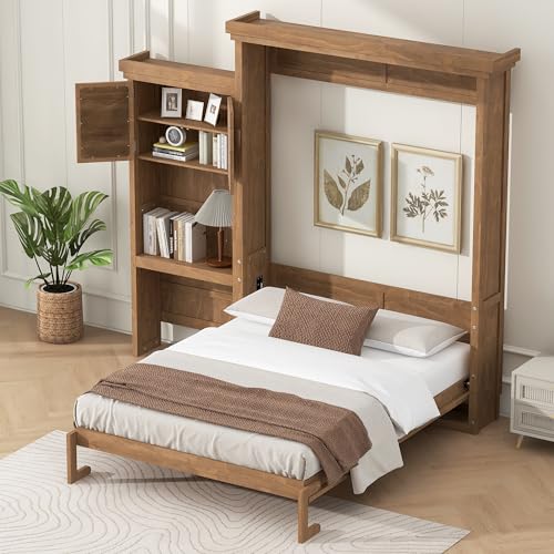 Merax Queen Size Murphy Bed with Storage, Solid Wood Hidden Wall Bed Frame with Cabinets, Farmhouse Murphy Bed Fame, Can Be Folded into a Cabinet, No Box Spring Needed, Wood Color Merax