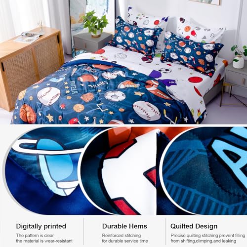 Wajade Sports Comforter Set - 7 Piece Queen Bedding with 3D Soccer, Basketball, Baseball, Football Design for Kids Wajade