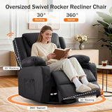 Korser Oversized Recliner Chair, 360° Swivel Recliner for Adults,Swivel Rocker Recliner Chair with Heat and Massage, Manual Recliner with Remote Control and Cup Holders for Living Room, Faux Leather Korser