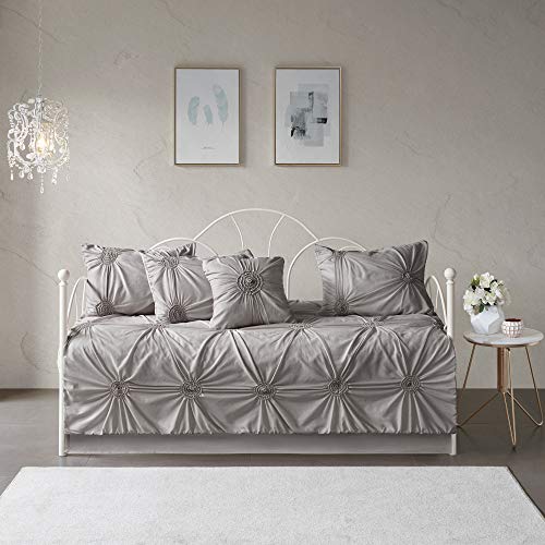 Madison Park Daybed Cover Set-Trendy Design All Season Luxury Bedding with Bedskirt, Matching Shams, Decorative Pillow, Medallion Tufted Dark Grey 75"x39" 6 Piece Madison Park