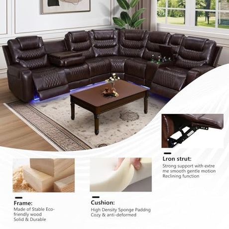 Caerrlcias Power Recliner Sectional Sofa with LED Lighting, Breathing Leather Corner Couch with USB Port and Storage Console, Cup Holders– Home Theater & Living Room Seating (Brown) Caerrlcias