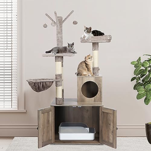 Timberer Litter Box Enclosure with Cat Tree, Wooden Cat House with Cat Tree Tower, Hidden Cat Litter Box Furniture with Scratching Post, Modern Cat Condo, Grey - WoodArtSupply