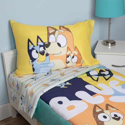 Bluey 4 Piece Toddler Bedding Set – Includes Comforter, Sheet Set – Fitted Top Sheet Reversible Pillowcase for Boys or Girls Bed, Blue Bluey