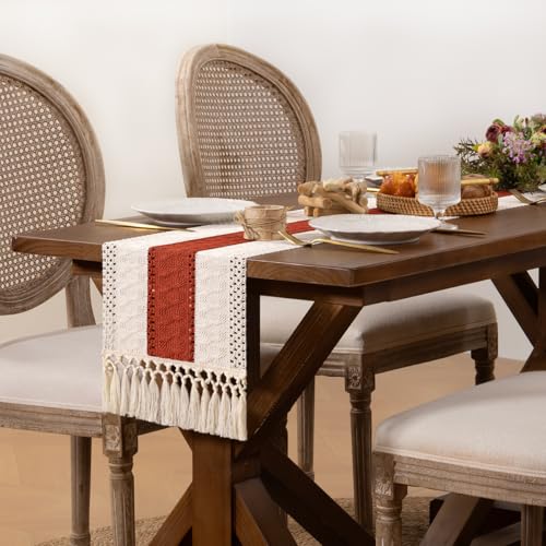 DeZerlor Boho Macrame Table Runner Terracotta Fall Farmhouse Woven Small Table Runner with Tassels 48 Inches Ivory& Rust Cotton Linen Kitchen Table Centerpiece for Dining Dresser Home Tea Table Decor DeZerlor