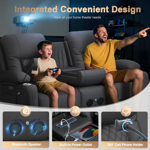 Power Loveseat Recliner Sofa, Electric Reclining Loveseat Couch with Console, Home Theater Seating with Bluetooth Speaker & LED Light, Zero Wall Hugger RV Sofa Furniture with Built-in Outlet & Storage