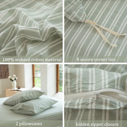 BESTDESIL Sage Green and White Striped Duvet Cover,100% Washed Cotton Breathable and Linen Like Bedding Set(Strip-Sage Green/White,Twin) BESTDESIL