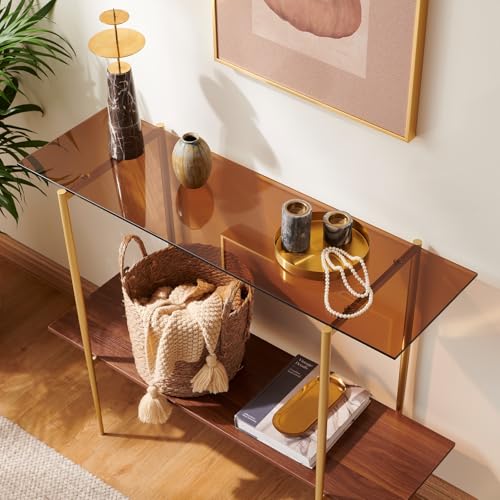 AGV 202401 2-Tier Glass Wood Console Table, Mid-Century Modern Style, Perfect for Living Room, Entryway, Foyer, D41×H31.5, Amber Glass Top & Walnut Wood Top & Gold Finish Metal Frame AGV LIGHTING