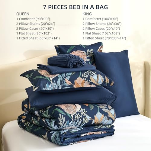 Luxudecor King Comforter Set 7 Pieces Bedding Sets, Navy Blue Floral Comforter and Sheet Set, Soft Microfiber Bed in a Bag for All Seasons (Navy Blue,104"x90") Luxudecor
