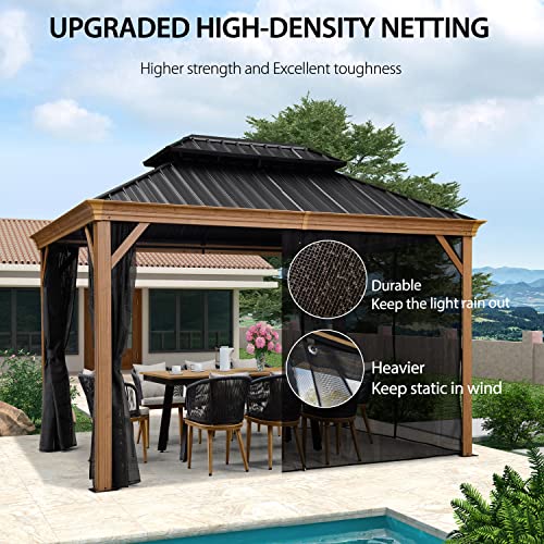 PURPLE LEAF 10' X 12' Outdoor Hardtop Gazebo for Patio Galvanized Steel Double Roof Permanent Canopy Teak Finish Coated Aluminum Frame Pavilion Gazebo with Netting - WoodArtSupply