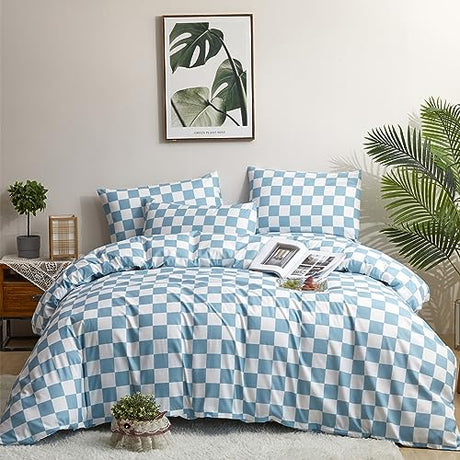 KAREVER Blue White Grid Comforter Set Full Blue Plaid Bedding Set Girls Blue White Checkered Bed Blanket Set Kids Durable Breathable Bedding Comforter Set KAREVER