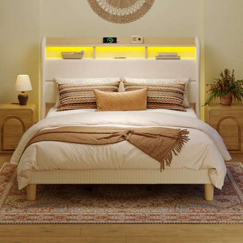 Bestier King Size Upholstered Wingback Bed Frame with 51” High Headboard Corduroy Fabric RGB LED Lights, Charging Station Dual Storage Shelves Modern Off White Platform Bed No Box Spring Needed Bestier