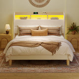Bestier King Size Upholstered Wingback Bed Frame with 51” High Headboard Corduroy Fabric RGB LED Lights, Charging Station Dual Storage Shelves Modern Off White Platform Bed No Box Spring Needed Bestier