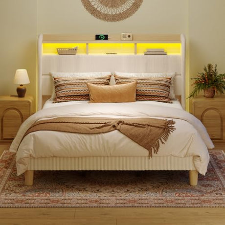 Bestier King Size Upholstered Wingback Bed Frame with 51” High Headboard Corduroy Fabric RGB LED Lights, Charging Station Dual Storage Shelves Modern Off White Platform Bed No Box Spring Needed Bestier