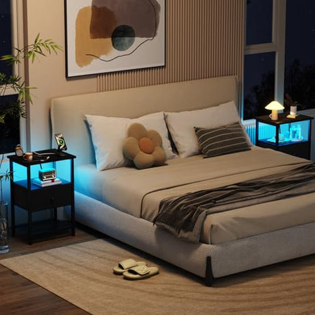 LOAKEKEL Nightstand with Charging Station, End Table with Fabric Drawer, LED Night Stand for Bedroom, Small Bed Side Table with USB Ports and Outlets for Living Room, Black, HETS01BK-1 LOAKEKEL