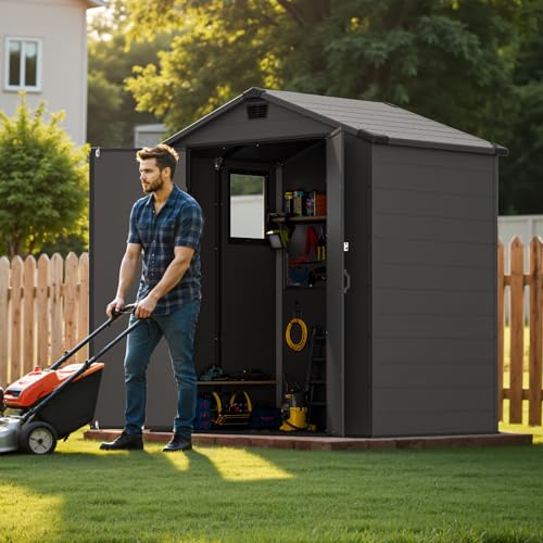 Greesum 6x4FT Plastic Outdoor Storage Shed with Floor, Resin Sheds with Lockable Double Door, Window & Vents, All-Weather Tool Sheds for Garden, Backyard, Patio, Dark Gray Greesum