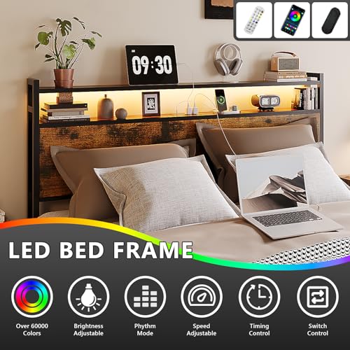 VINGLI Queen Bed Frame with 4 Storage Drawers and Headboard, Metal Platform Panel Bed with Charging Station and RGB LED Lights, No Box Spring Needed, Noise Free, Easy Assembly, Vintage Brown VINGLI