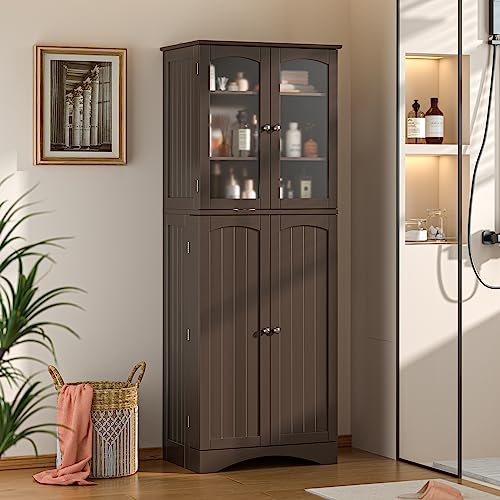 Gizoon 64" Kitchen Pantry Cabinet, Tall Storage Cabinet with Glass Doors and Adjustable Shelves, Freestanding Floor Cabinet Cupboard for Kitchen, Living Room, Dining Room (Dark Brown) Gizoon