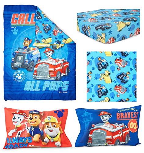 Paw Patrol Calling All Pups 4 Piece Toddler Bedding Set – Includes Comforter, Sheet Set – Fitted + Top Sheet + Reversible Pillowcase for Boys Bed, Blue Paw Patrol