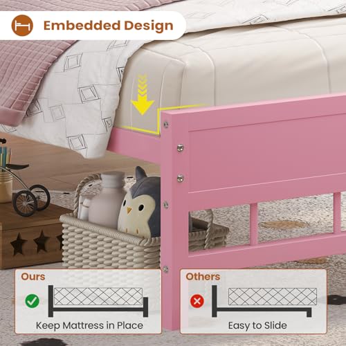 BTHFST Twin Bed Frame with Storage Headboard & Charging Station, LED Bed Frame Twin with 5 Shelves & Under Bed Storage, Platform Bed Frames for Kids, No Box Spring Needed, Pink BTHFST