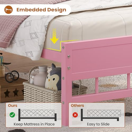 BTHFST Twin Bed Frame with Storage Headboard & Charging Station, LED Bed Frame Twin with 5 Shelves & Under Bed Storage, Platform Bed Frames for Kids, No Box Spring Needed, Pink BTHFST