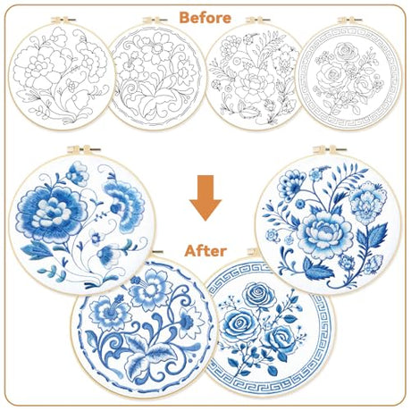 BEUNITONE 4 Set Embroidery Kit for Beginners, Blue Flower Cross Stitch Kits, Needlepoint Kits for Adults with Instructions and Full Kit, Classical Hand Embroidery Patterns for Cloth and Home Decor BEUNITONE