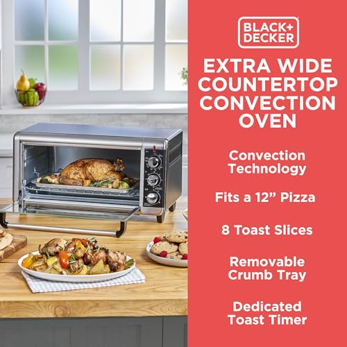 BLACK+DECKER 8-Slice Extra Wide Convection Toaster Oven, Fits 9"x13" Oven Pans and 12" Pizza, Bake, Toast, Broil, and Keep Warm Functions, Countertop Compact Design with Stainless Steel Finish BLACK+DECKER