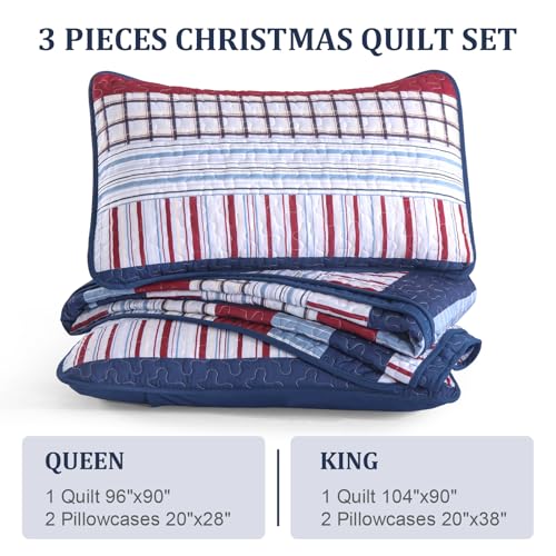 DJY Striped Quilt Set Queen Size, Red Blue Boho Striped Bedspread Coverlet Set 3 Pieces Lightweight Soft Microfiber Patchwork Quilt Bedding Set for All Season (96"x90") DJY