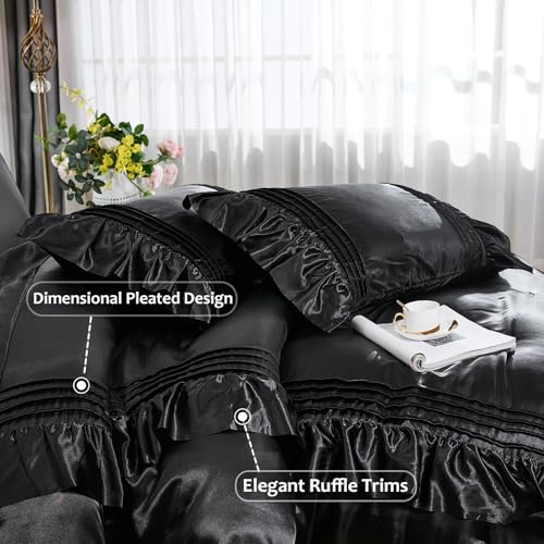 Black Satin Comforter Set 8 Pieces King Size Comforter with Sheets Silk Like Satin Bed Set Luxury Bedding Bed in a Bag 1 Comforter 4 Pillowcasas 1 Flat Sheet 1 Fitted Sheet 1 Cushion Cover Bedbay