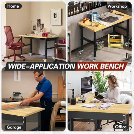 48 "Adjustable Workbench with Drawers, Heavy Duty Work Bench with Wheels & Power Outlets, 2000 LBS Load Capacity Wooden Workbench top for Garage, Workshop, Office, Home Big Lighting Deals
